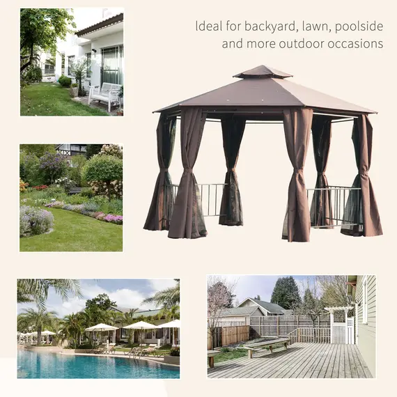 Buy 3 x 3(m) Hexagon Gazebo Patio Canopy Party Tent Outdoor Garden Shelter w/ 2 Tier Roof & Side Panel - Brown, 7 image