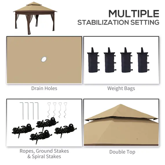 Buy 3 x 3(m) Pop Up Gazebo with Mosquito Netting, 1 Person Easy up Marquee Party Tent with 1-Button Push, Double Roof, Carry Bag, Sandbags, Height Adjustable Instant Shelter, Khaki, 6 image