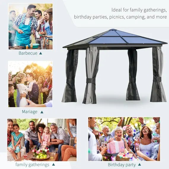 Buy 3 x 3(m) Hardtop Gazebo Canopy with Polycarbonate Roof, Aluminium Frame, Permanent Pavilion Garden Gazebo with Netting and Curtains for Patio, Deck, Dark Grey, 7 image