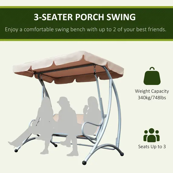 Buy 3 Seater Garden Swing Seat Bench Steel Swing Chair with Adjustable Canopy for Outdoor Patio Porch - Beige, 7 image