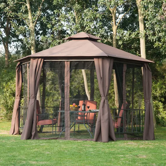 Buy 3 x 3(m) Hexagon Gazebo Patio Canopy Party Tent Outdoor Garden Shelter w/ 2 Tier Roof & Side Panel - Brown, 2 image