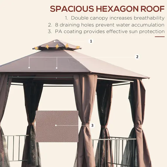 Buy 3 x 3(m) Hexagon Gazebo Patio Canopy Party Tent Outdoor Garden Shelter w/ 2 Tier Roof & Side Panel - Brown, 4 image