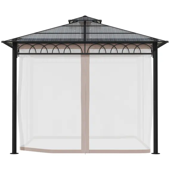 Buy 3 x 3 (m) Outdoor Polycarbonate Gazebo, Double Roof Hard Top Gazebo with Galvanised Steel Frame, Nettings & Curtains for Garden, Lawn, Patio and Deck, Khaki, 9 image