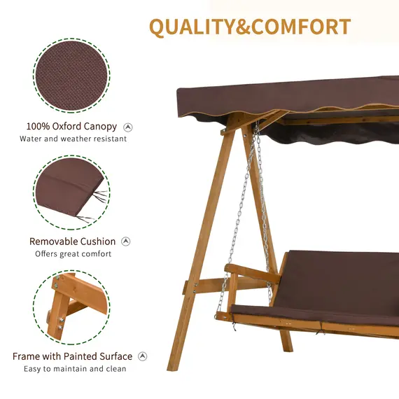 Buy 3 Seater Garden Swing Seat Outdoor Swing Chair with Adjustable Canopy, Wooden Hammock Bench with  Padded Cushions for Patio Yard, Brown, 6 image