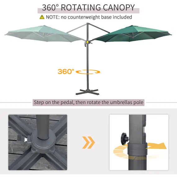 Buy 3 x 3(m) Cantilever Parasol with Cross Base, Garden Umbrella with 360° Rotation, Crank Handle and Tilt for Outdoor, Patio, Green, 4 image