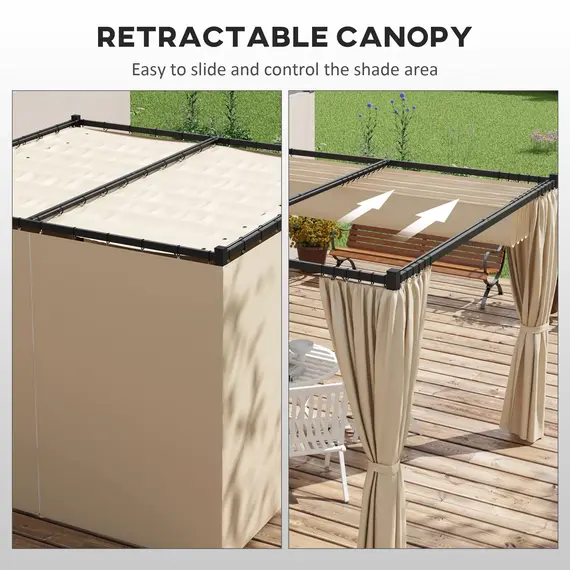Buy 3 x 3(m) Retractable Pergola, Garden Gazebo Shelter with Curtains, for Grill, Patio, Deck, Beige, 4 image