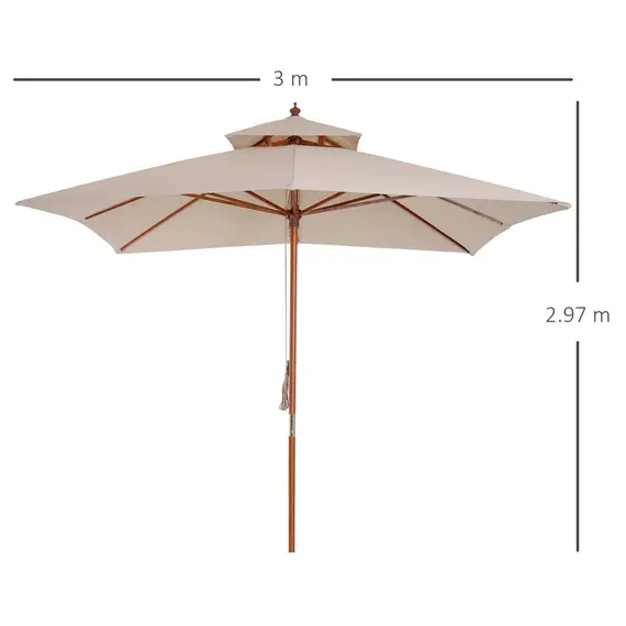 Buy 3 x 3 metre Patio Parasol Garden Umbrellas Sunshade Outdoor Wooden Parasol Canopy Double Tier, Beige, BASE NOT INCLUDED, 3 image