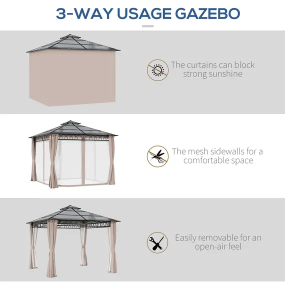 Buy 3 x 3 (m) Outdoor Polycarbonate Gazebo, Double Roof Hard Top Gazebo with Galvanised Steel Frame, Nettings & Curtains for Garden, Lawn, Patio and Deck, Khaki, 5 image