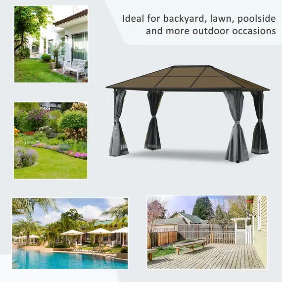 Buy 3 x 4m Hardtop Gazebo Canopy with Polycarbonate Roof, Aluminium Frame, Permanent Pavilion Garden Gazebo with Netting and Curtains - Grey, 7 image