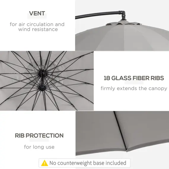 Buy 3(m) Cantilever Umbrella 18 Ribs & Vents Adjustable Angle for Patio Light Grey, 6 image