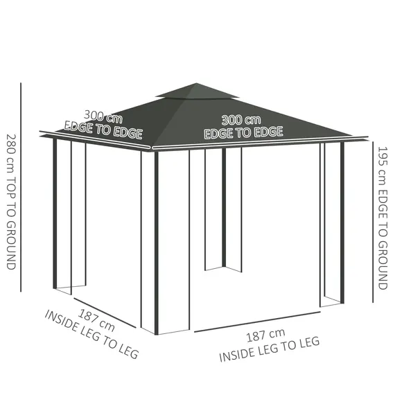 Buy 3(m) x 3(m)  Double Roof Outdoor Garden Gazebo Canopy Shelter with Netting, Solid Steel Frame, Light Grey, 3 image