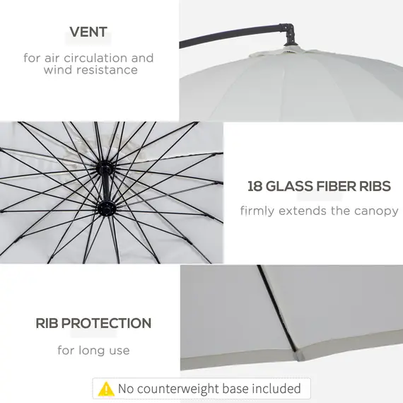 Buy 3(m) Cantilever Umbrella 18 Ribs & Vents Adjustable Angle for Patio Cream White, 6 image