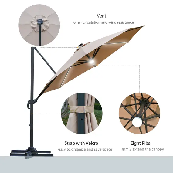 Buy 3(m) LED Cantilever Parasol Outdoor Sun Umbrella w/ Base Solar Lights Brown, 7 image