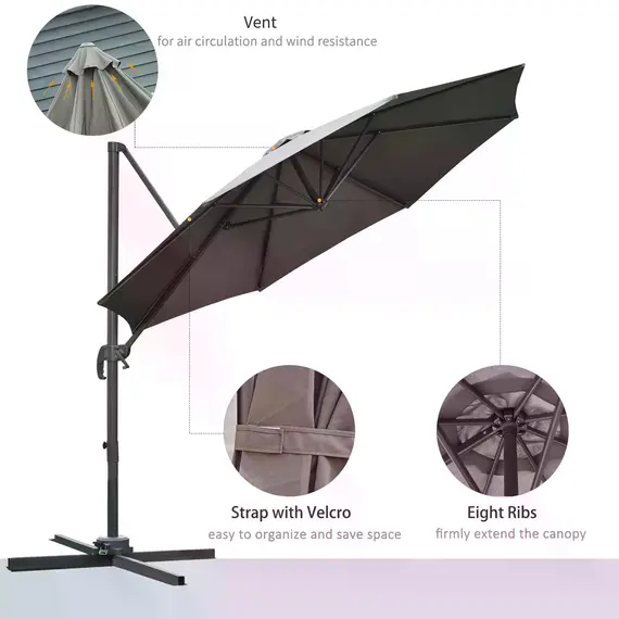 Buy 3(m) Offset Parasol Cantilever Hanging Umbrella 360° Rotation w/ Base Dark Grey, 6 image