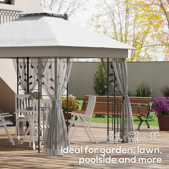 Buy 3(m) x 3(m)  Double Roof Outdoor Garden Gazebo Canopy Shelter with Netting, Solid Steel Frame, Light Grey, 7 image