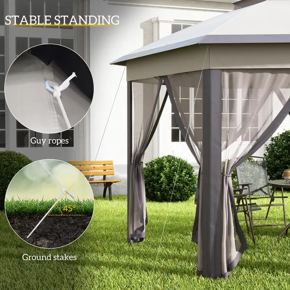 Buy 3 x 4m Garden Gazebo Hexagon Pop Up Gazebo Party Tent Canopy Double Roof Instant Shelter with Netting and Carry Bag for Outdoor Patio, Beige, 6 image