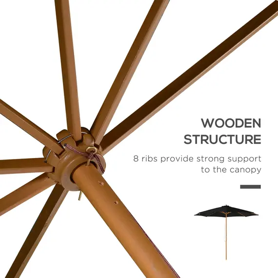 Buy 3(m) Garden Parasol, Pulley Operated Patio Umbrella, Wooden Table Market Umbrella with Rope Pulley Mechanism and 8 Ribs, Black, 6 image
