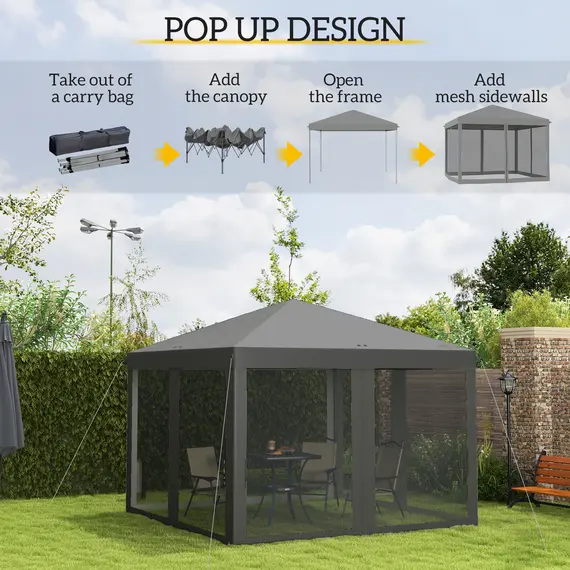 Buy 3 x 3 m Pop Up Gazebo, 420D Garden Tent Canopy with Removable Mesh Sidewall Netting, Carry Bag for Garden Patio Outdoor, Light Grey, 4 image