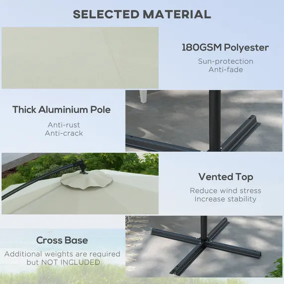 Buy 3(m) Offset Cantilever Parasol Umbrella, with Cross Base - Cream, 4 image