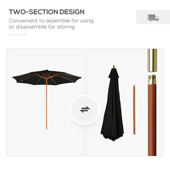 Buy 3(m) Garden Parasol, Pulley Operated Patio Umbrella, Wooden Table Market Umbrella with Rope Pulley Mechanism and 8 Ribs, Black, 7 image