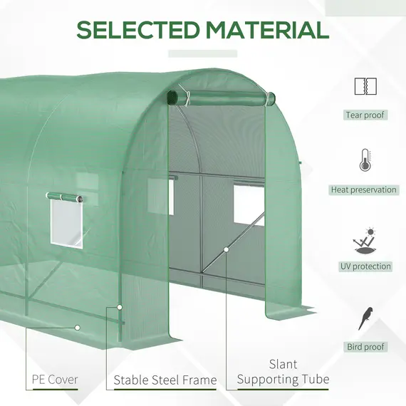 Buy 3.5 x 2m Walk-In Polytunnel Greenhouse, with Steel Frame, PE Cover, Roll-Up Door and 6 Windows, Green, 4 image