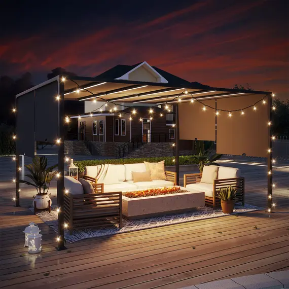 Buy 3(m) x 4m Metal Pergola with LED Lights, Outdoor Garden Pergola with Sliding Roof, Solar Powered, for BBQ, Lawn, Dark Grey, 2 image