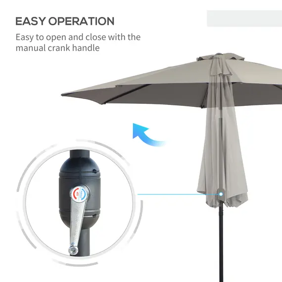 Buy 3(m) Tilting Parasol Garden Umbrellas, Outdoor Sun Shade with 8 Ribs, Tilt and Crank Handle for Balcony, Bench, Garden, Light Grey, 5 image