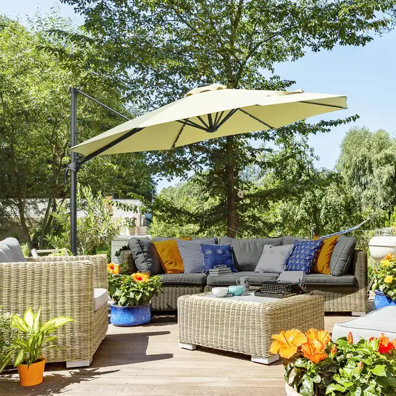 Buy 3(m) LED Cantilever Parasol Garden Sun Umbrella w/ Base and Solar Lights Beige, 2 image