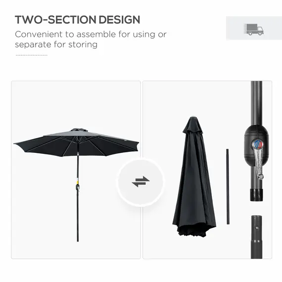 Buy 3(m) Tilting Parasol Garden Umbrellas, Outdoor Sun Shade with 8 Ribs, Tilt and Crank Handle for Balcony, Bench, Garden, Black, 6 image