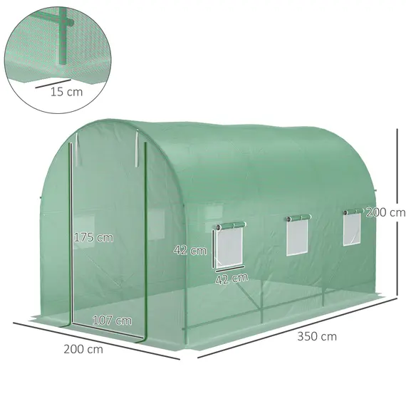 Buy 3.5 x 2m Walk-In Polytunnel Greenhouse, with Steel Frame, PE Cover, Roll-Up Door and 6 Windows, Green, 3 image