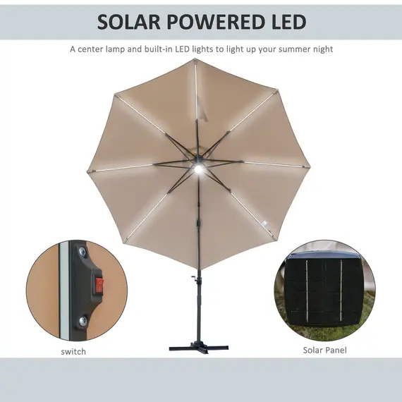Buy 3(m) LED Cantilever Parasol Outdoor Sun Umbrella w/ Base Solar Lights Brown, 4 image