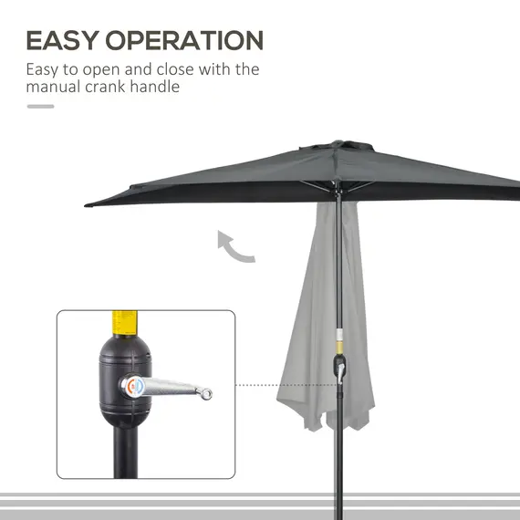 Buy 3(m) Half Parasol, Semi Round Umbrella with Metal Frame, Crank Handle for Balcony, Garden, Black, 4 image
