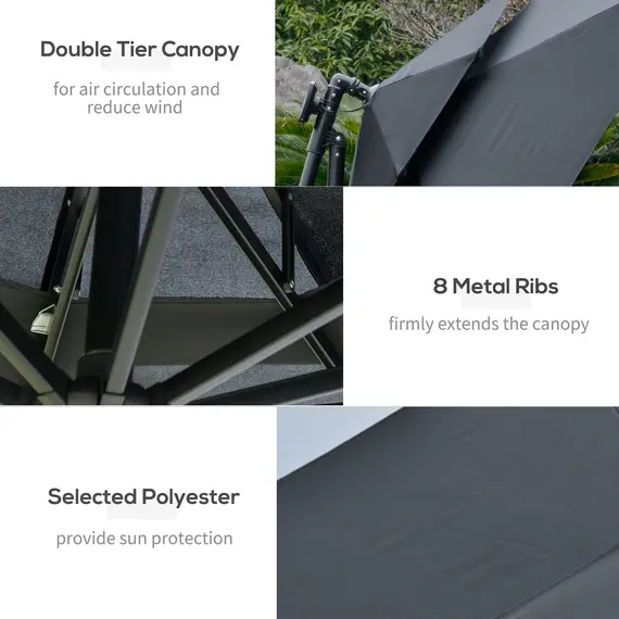 Buy 3(m) Cantilever Banana Parasol Hanging Umbrella with LED Solar lights, Crank, 8 Sturdy Ribs and Cross Base for Outdoor, Garden, Patio, Black, 7 image
