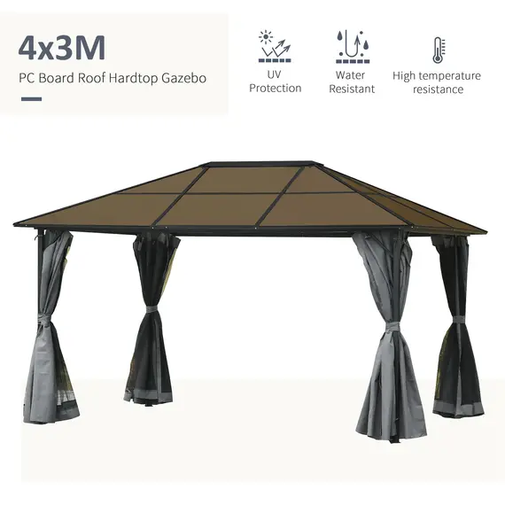 Buy 3 x 4m Hardtop Gazebo Canopy with Polycarbonate Roof, Aluminium Frame, Permanent Pavilion Garden Gazebo with Netting and Curtains - Grey, 4 image