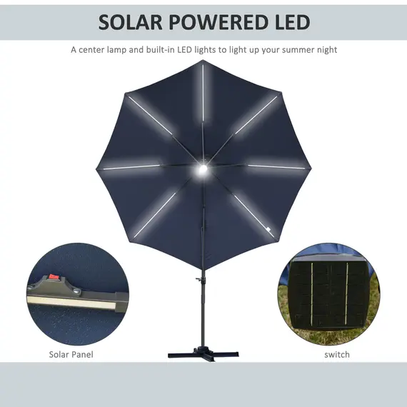 Buy 3(m) LED Cantilever Parasol Outdoor Sun Umbrella w/ Base Solar Lights Blue, 4 image
