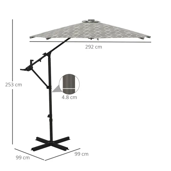 Buy 3(m) Convertible Cantilever Parasol and Centre-post Garden Parasol with Cross Base, 360° Rotation Banana Parasol with Crank Handle and 8 Ribs, Hanging Patio Umbrella, Black and White, 3 image