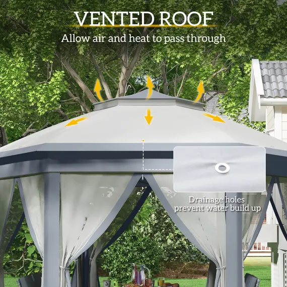 Buy 3 x 4m Metal Frame Hexagon Gazebo, with Curtains - Grey, 5 image