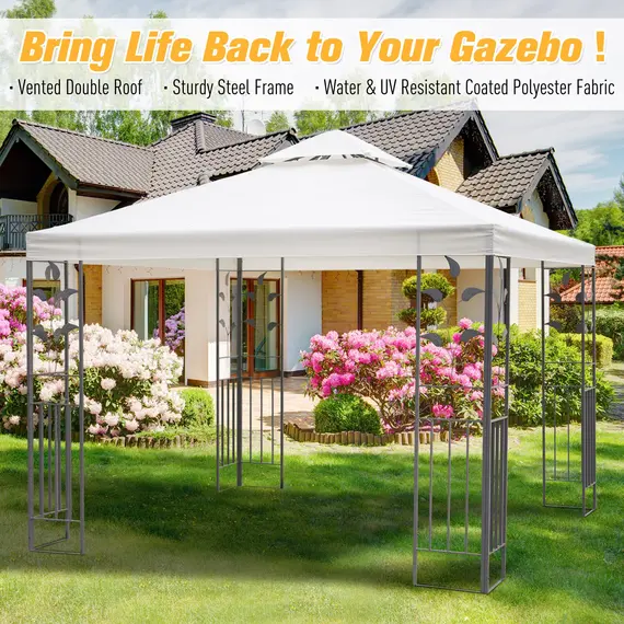 Buy 3 x 3m Outdoor Steel Gazebo with 2 Tier Roof, Garden Gazebo Patio Canopy Marquee Shelter with Decorative Steel Frame - Cream, 4 image