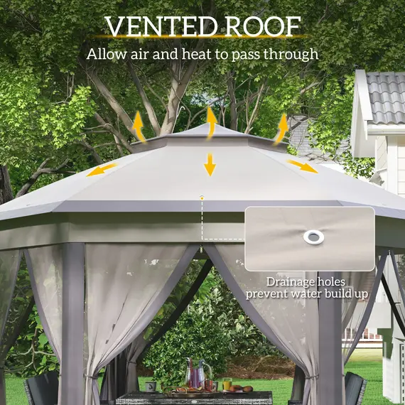 Buy 3 x 4m Garden Gazebo Hexagon Pop Up Gazebo Party Tent Canopy Double Roof Instant Shelter with Netting and Carry Bag for Outdoor Patio, Beige, 5 image