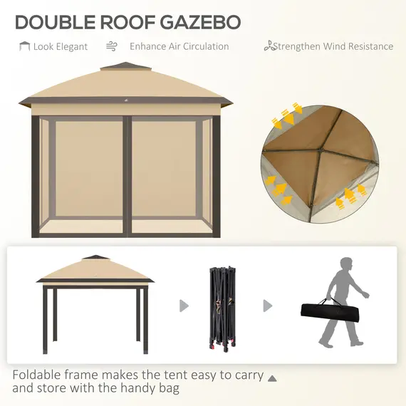 Buy 3.3 x 3.3m Pop Up Gazebo, Double Roof Foldable Canopy Tent with Zipped Mesh Sidewalls, Height Adjustable and Carrying Bag, Event Tent for Patio Garden, Beige, 4 image
