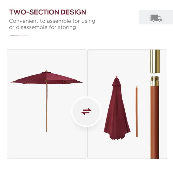 Buy 3(m) Garden Parasol, Pulley Operated Patio Umbrella, Wooden Table Market Umbrella with Rope Pulley Mechanism and 8 Ribs, Wine Red, 7 image