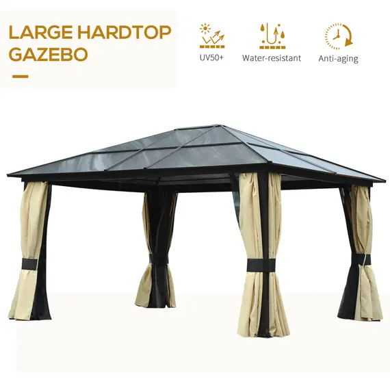 Buy 3.6 x 4m Hardtop Gazebo Canopy with Polycarbonate Roof and Aluminium Frame, Garden Pavilion with Mosquito Netting and Curtains, 4 image