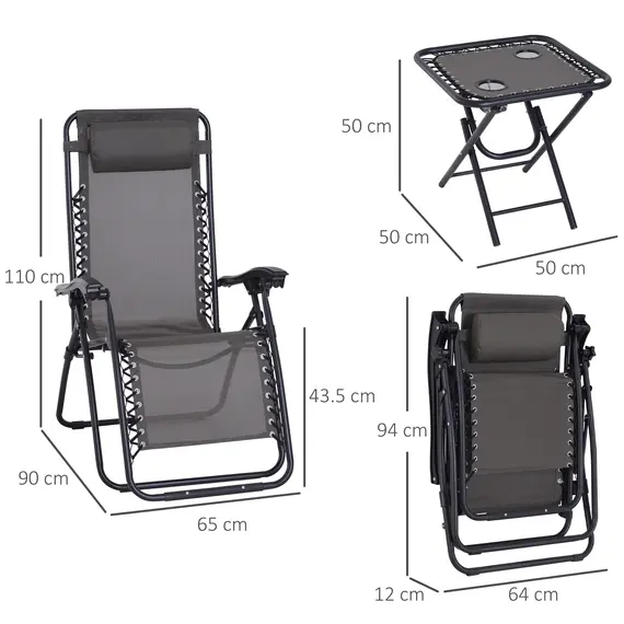 Buy 3pcs Folding Zero Gravity Chairs Sun Lounger Table Set w/ Cup Holders Reclining Garden Yard Pool, Dark Grey, 3 image