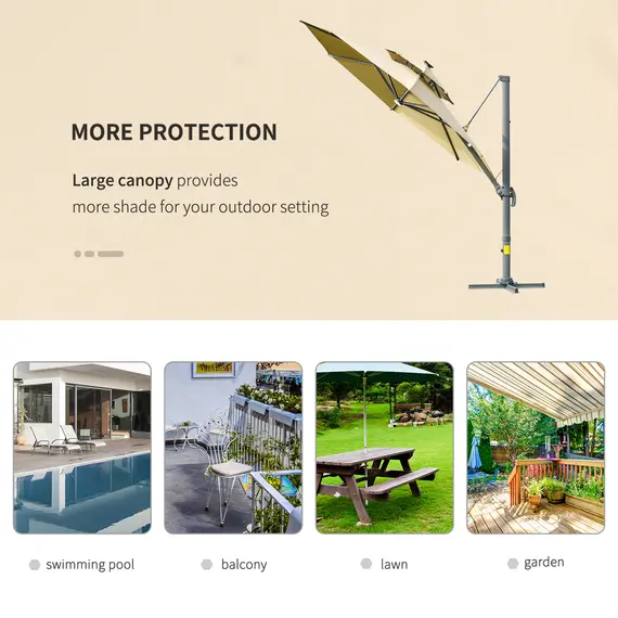 Buy 3m Cantilever Parasol w/ Solar Lights Power Bank Base 360° Spin Khaki, 8 image