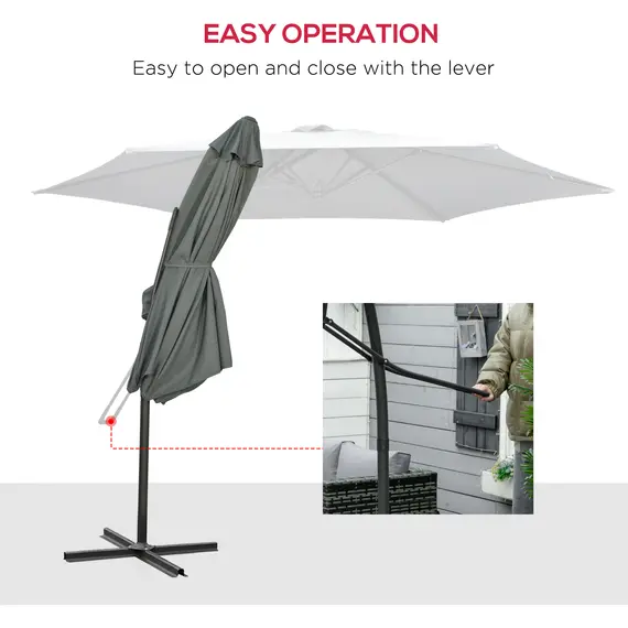 Buy 3m Cantilever Parasol with Easy Lever, Patio Umbrella with Crank Handle, Cross Base and 6 Metal Ribs, 4 image
