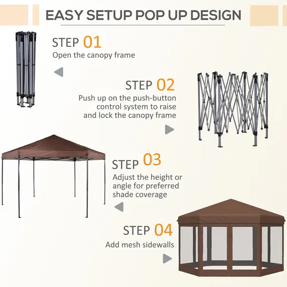 Buy 3.5m x 4m Hexagonal Pop Up Gazebo, Canopy Tent Sun Shelter for Patio Outdoor Party, Height Adjustable, with Mosquito Netting and Carry Bag - Brown, 5 image