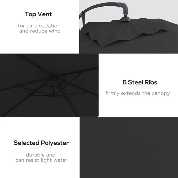 Buy 3m Cantilever Overhanging Parasol, with Cross Base - Black, 5 image