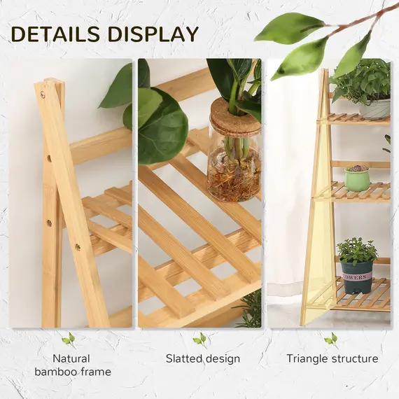 Buy 3-Tier Plant Stand, Plant Shelf Rack, Folding Bamboo Display Stand, 98x37x96.5cm, Natural, 6 image