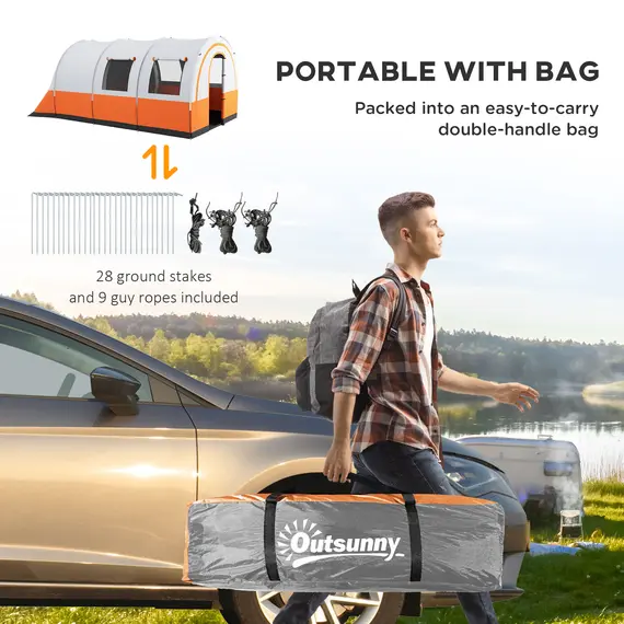 Buy 3000mm Waterproof Camping Tent, 5-6 Man Family Tent with Living and Bedroom, Carry Bag Included, Cream and Orange, 7 image