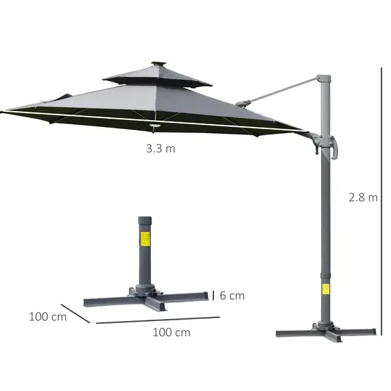 Buy 3m Cantilever Parasol w/ Solar Lights Power Bank Base 360° Spin Dark Grey, 3 image
